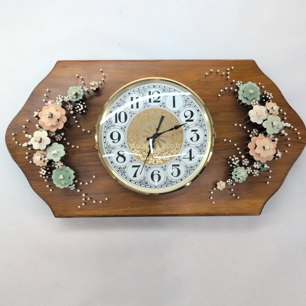 Pol-O-Craft Wall Clock Brown Vintage 1975 Nails In Bloom Floral NailArt 451-1